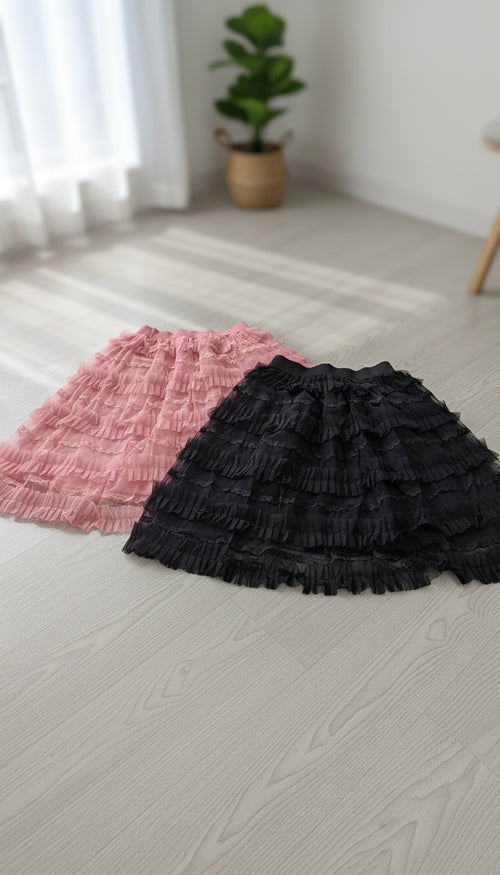 Women's Solid Color Elastic Waist Ruffle Trim Layered Tulle Skirt,