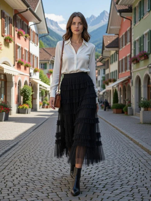 Women's Solid Color Elastic Waist Ruffle Trim Layered Tulle Skirt,