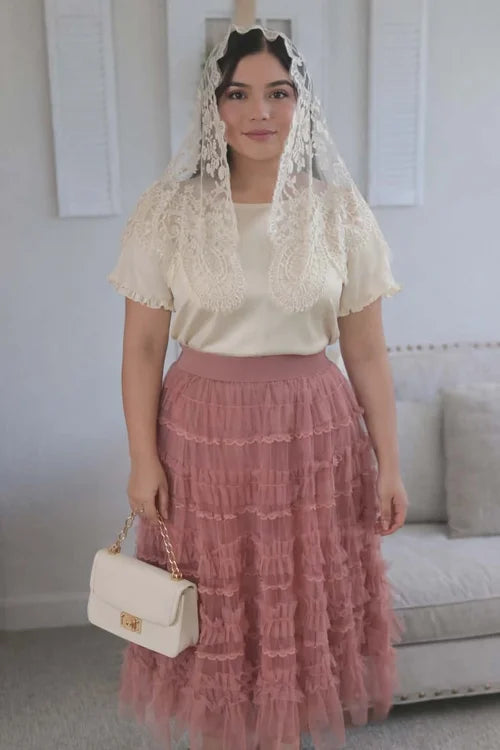 Women's Solid Color Elastic Waist Ruffle Trim Layered Tulle Skirt,