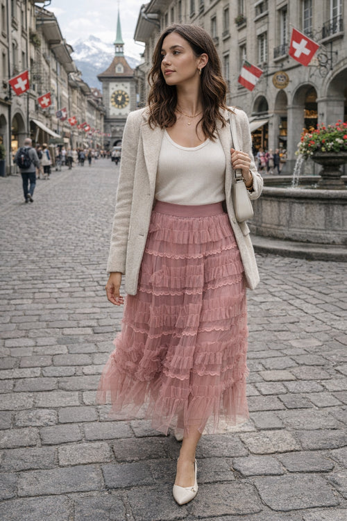 Women's Solid Color Elastic Waist Ruffle Trim Layered Tulle Skirt,