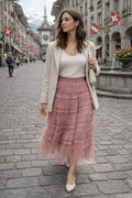 Women's Solid Color Elastic Waist Ruffle Trim Layered Tulle Skirt,